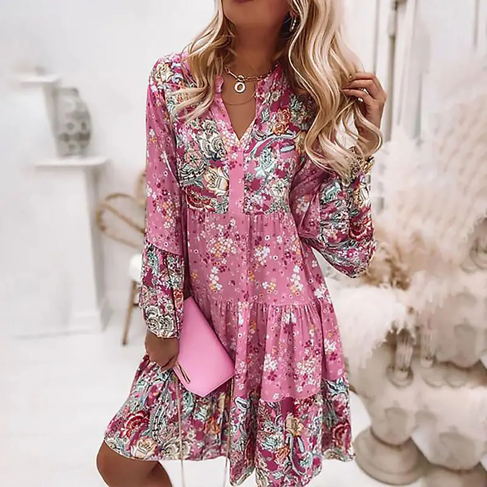 Print Pleated Party Beach Dress Female Printed Unique Loose Dress Gift for Mother Woman Lover