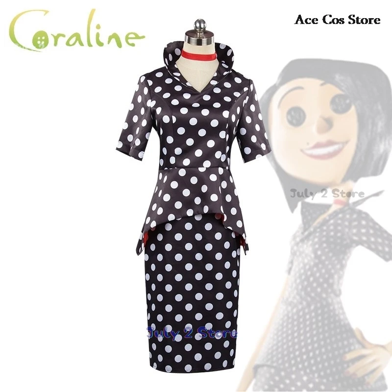 Horror Fairytale Movies Coraline Mother Cosplay Costume Wig Polka Dress Secret Button Eyes Halloween Party Scary Roleplay Suit