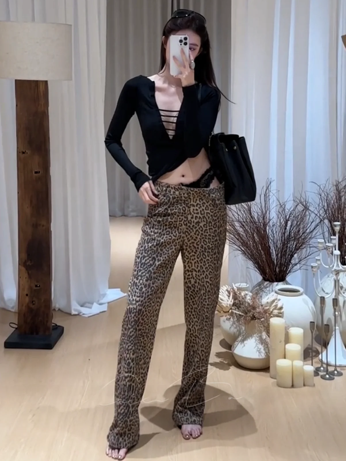 Retro Coffee Brown Leopard Print Wide Leg Jeans Women Slimming High Waist Cotton Stretch Denim Straight Cut Fashionable Trousers