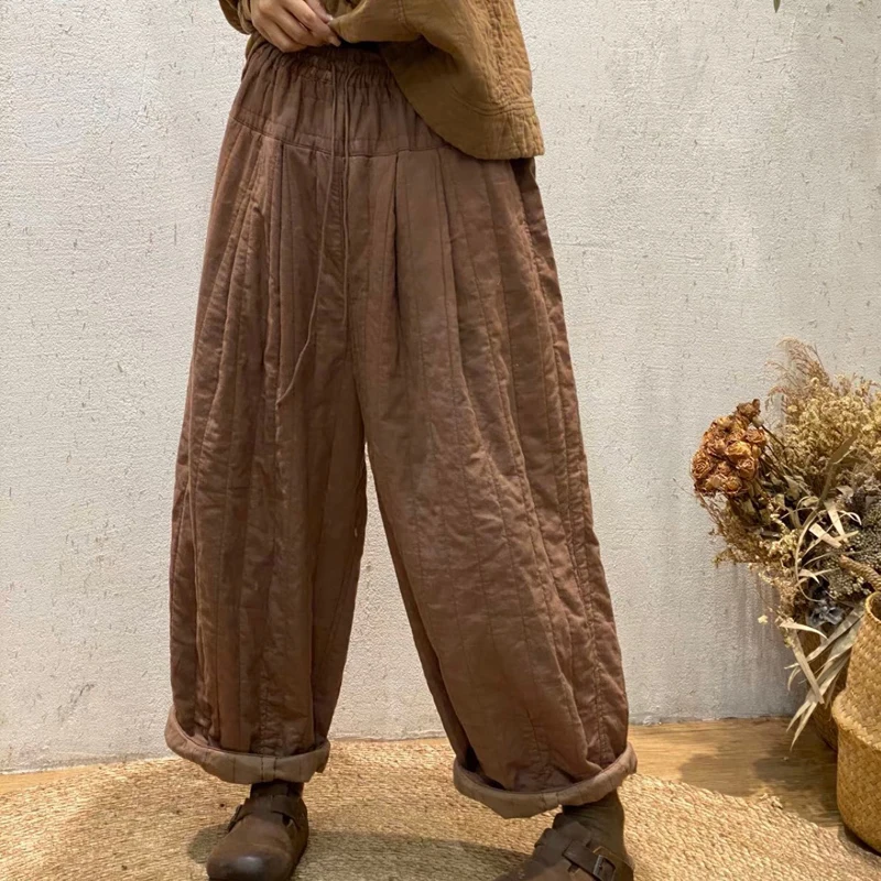 Johnature 2024 Winter New Cotton Linen Full Lengt Pants For Women Casual Japanese Elastic Waist Loose Pockets Female Pants