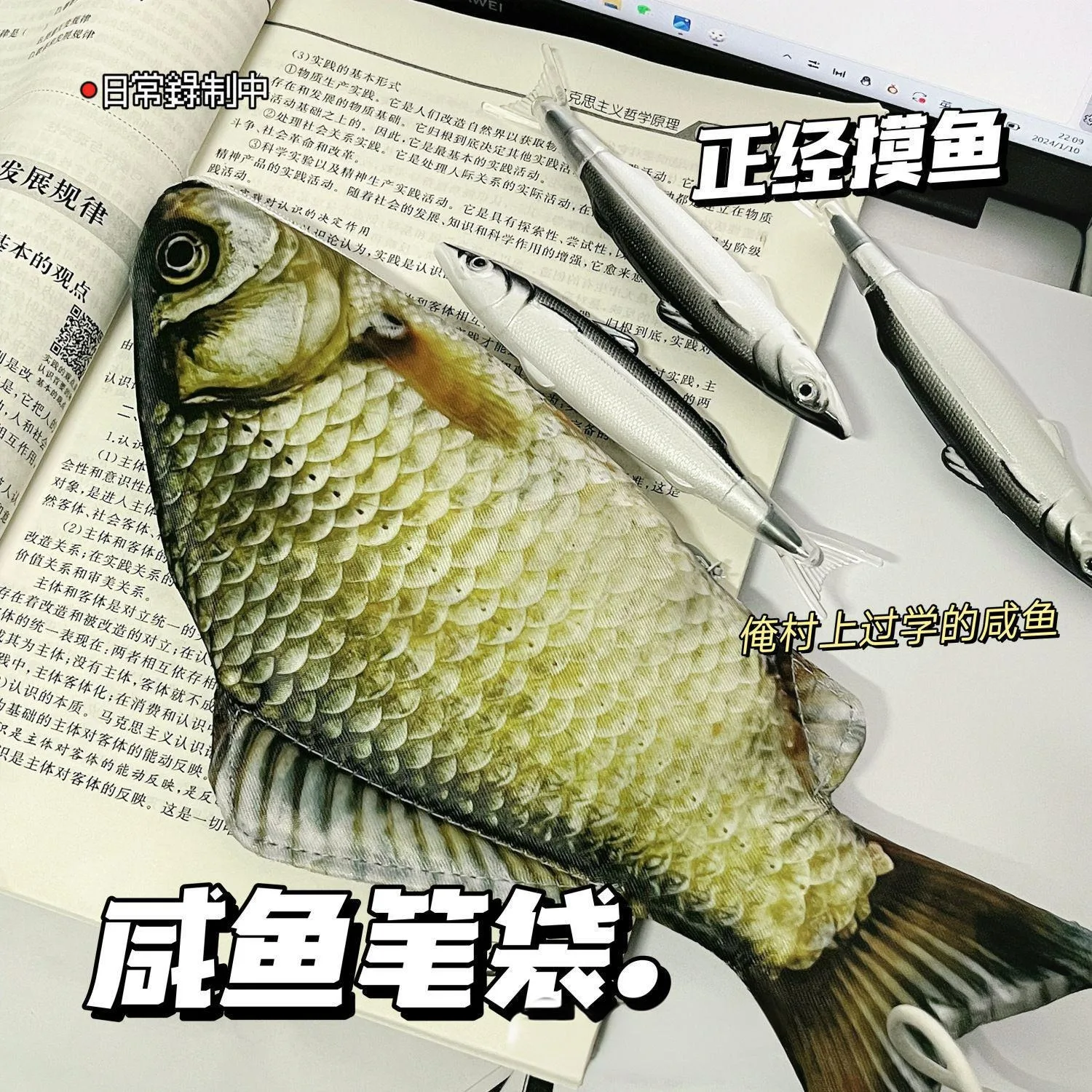 Kreative, lustige Stifttasche in Form eines Karpfenfisches, im gleichen Stil wie auf Douyin, mit einem witzigen, veränderten Design, koreanische Version, Simulation eines Karpfenfisches. – Detail 11