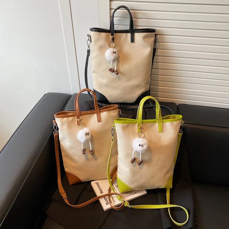 Custom Logo Canvas & PU Tote Bag, Multi-purpose Crossbody Shoulder Bag, Large Capacity Commuter Handbag with Detachable Strap view 3