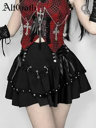 AltGoth Emo Alt Mall Gothic Skirt Women Streetwear Harajuku Cyber Punk Y2k Grunge Rive Lace-up High Waist A-line Skirt Clubwear