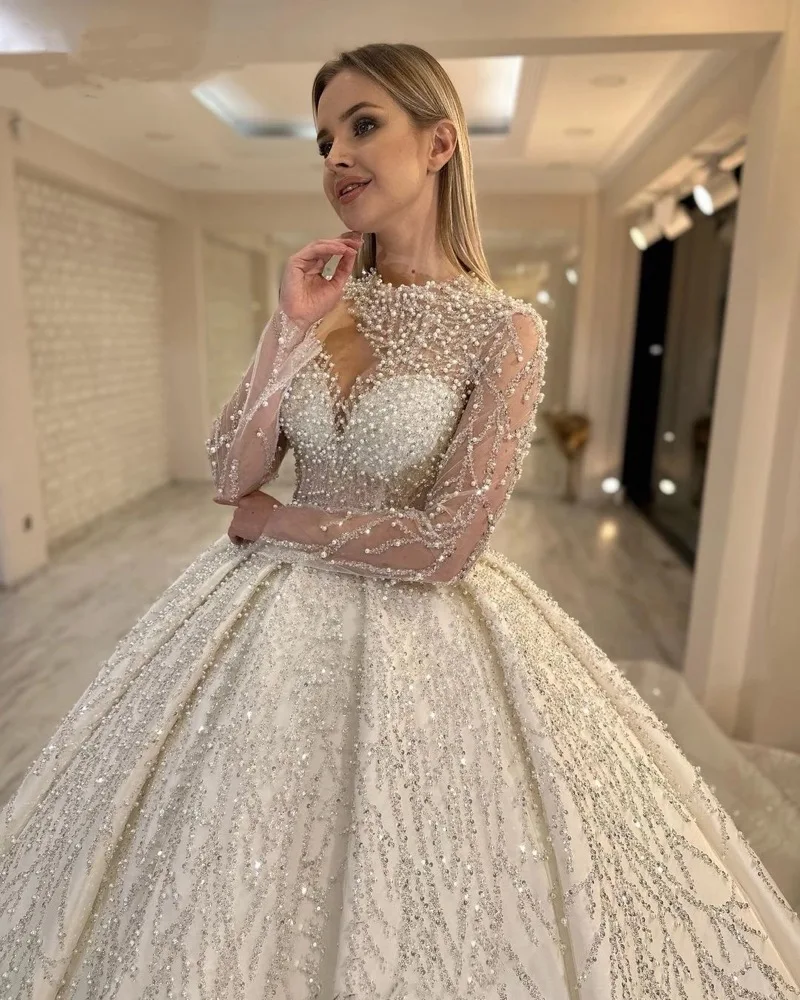 Customized Glamorous Pearls Sequins Long Sleeves Wedding Dresses Princess Beading Bride Ball Gowns Vestidos De Novia