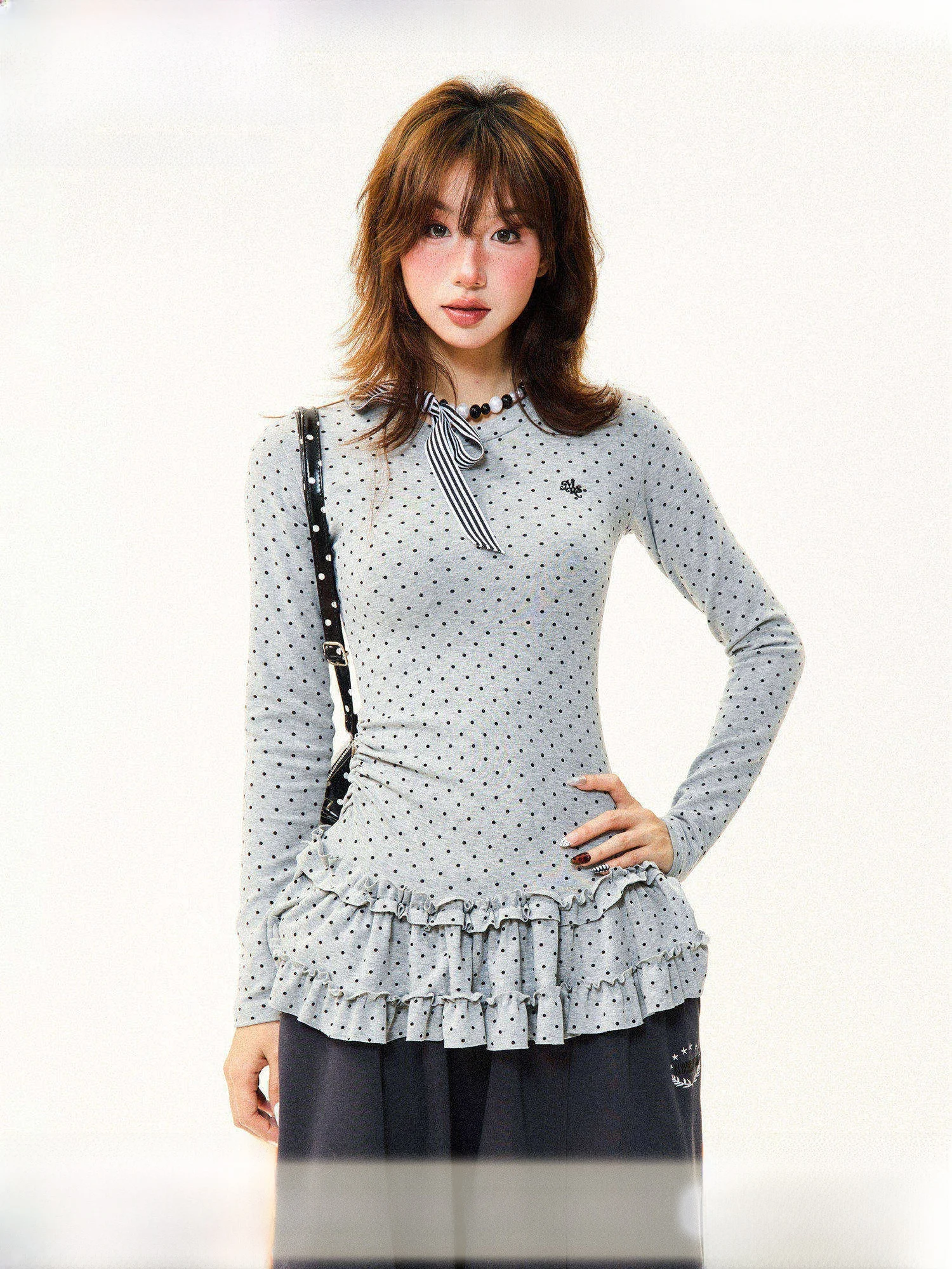 

Женская футболка Young Stage с американским принтом в горошек, с длинными рукавами, зимняя, универсальная, утягивающая, базовый слой, винтажный стиль, для женщин