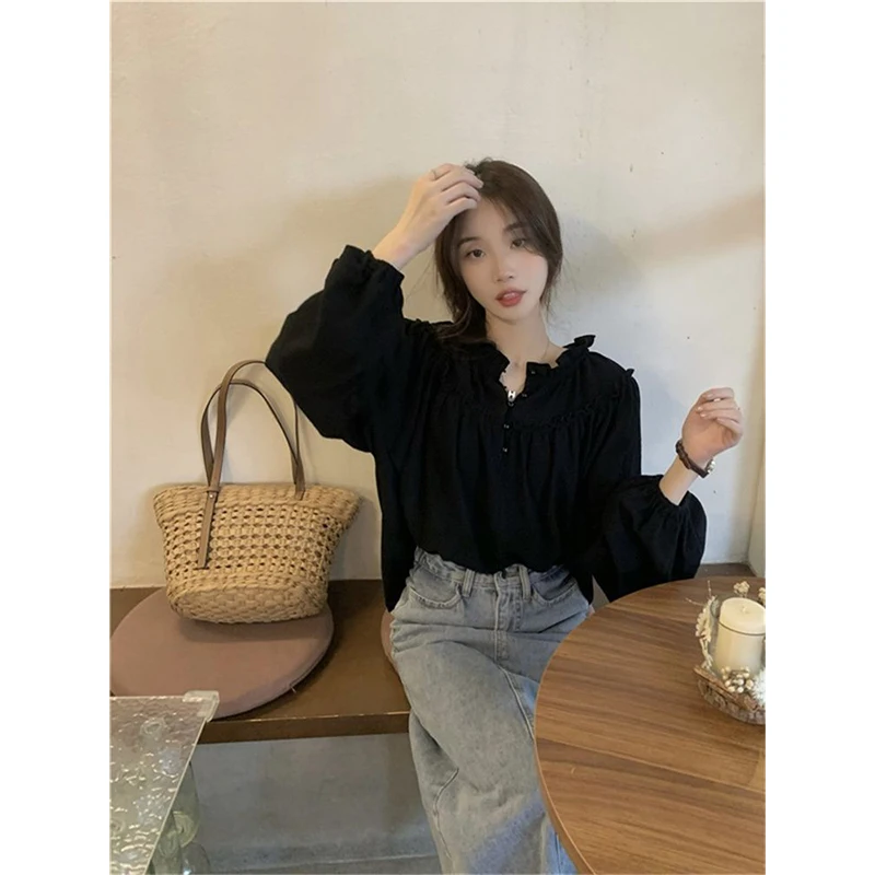 Süße elegante Blusen Frauen Vintage Puff Langarm hemden Student koreanische Retro-Büro Dame grundlegende solide lose lässige schicke Tops