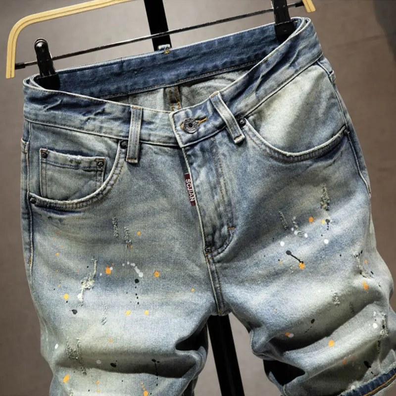 Été concepteur de mode hommes jean rétro lavé bleu extensible peint déchiré jean court hommes Vintage décontracté Denim Shorts Hombre