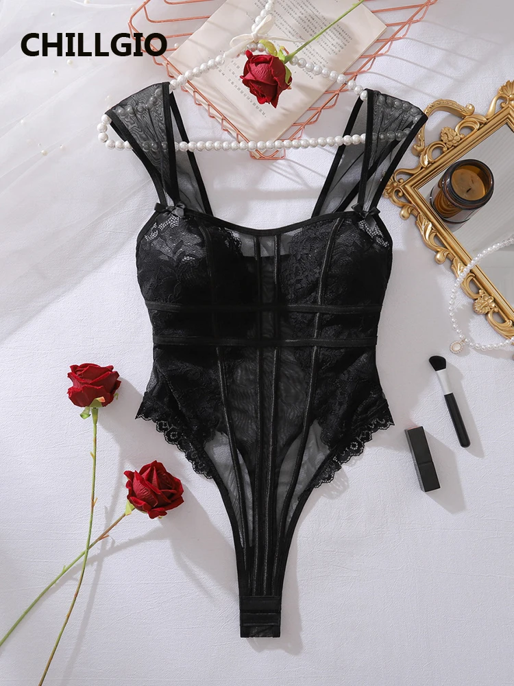

CHILLGIO Women Floral Lace Bodysuits Sheer Onesie Slim Mesh Catsuits Fashion Sexy Bodycon One Piece Combination Rompers Lingerie