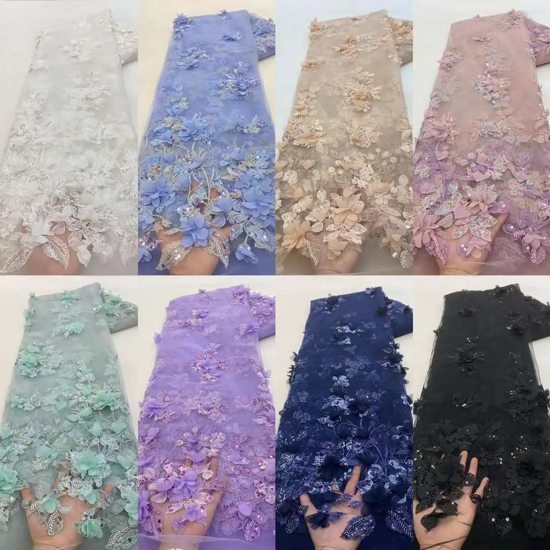 2023 Latest African 3D Flower Lace Fabric Dubai Sequins Tulle Lace Fabric Embroidered Applique Nigerian Fabric For Sewing Dress