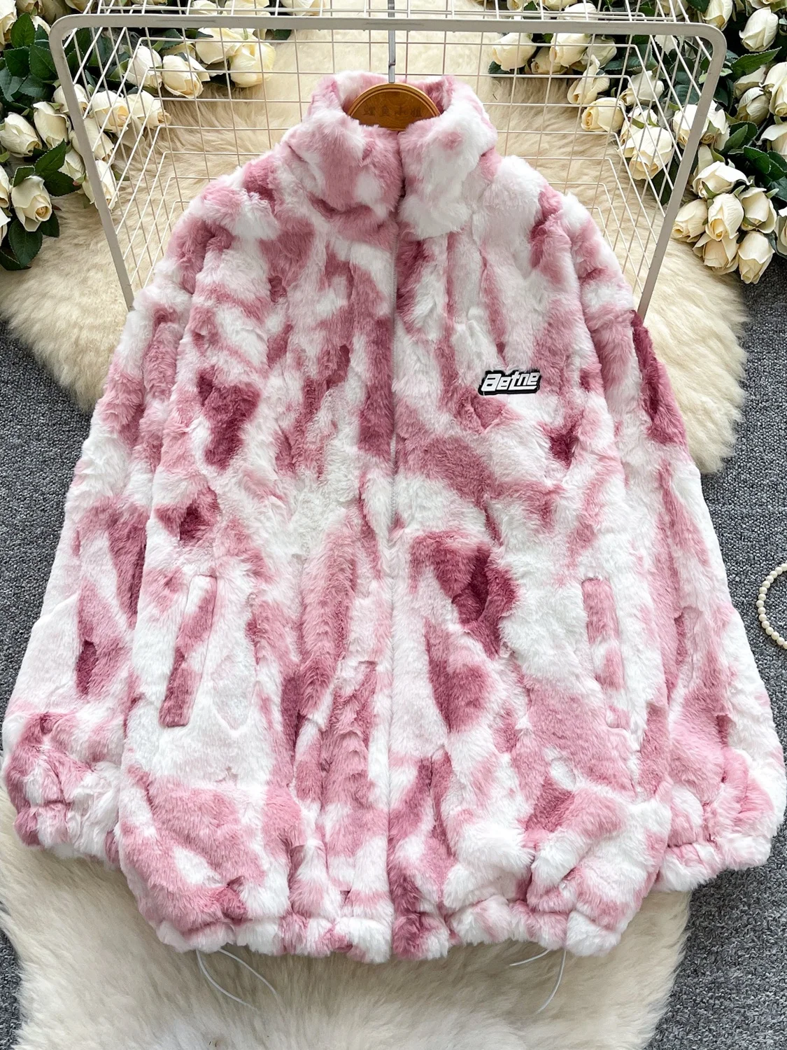 

Loose Fit Long Sve Embroidered Letter Plu Jaet Women's Dongda Gate Lazy Sle Stand Collar Winter Faion Top