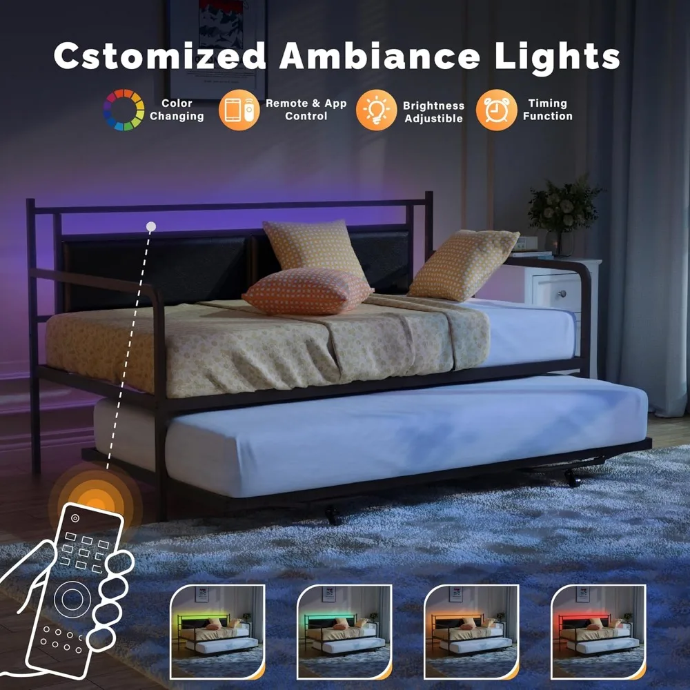 Espreguiçadeira dupla com rodízio pop-up, sofá-cama com luz LED e estação de carregamento, cama removível com suporte e estofamento de ripas de aço