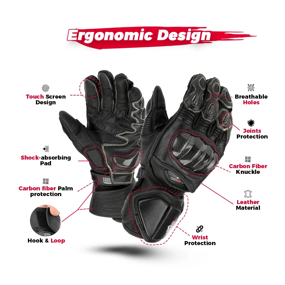 KEMITOUR Leder Racing Moto Handschuhe Für Motorrad Lange Manschette Professionelle Powersports Handschuhe Carbon Fiber Knuckle Für Männer Frauen – Detail 5