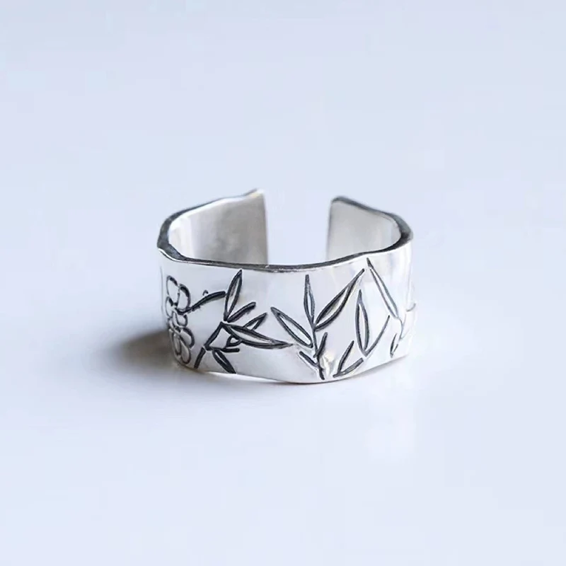 

Original "Cold Bamboo" Thai Silver Wide Ring For Women Men Retro Irregular Opening Rings KOFSAC