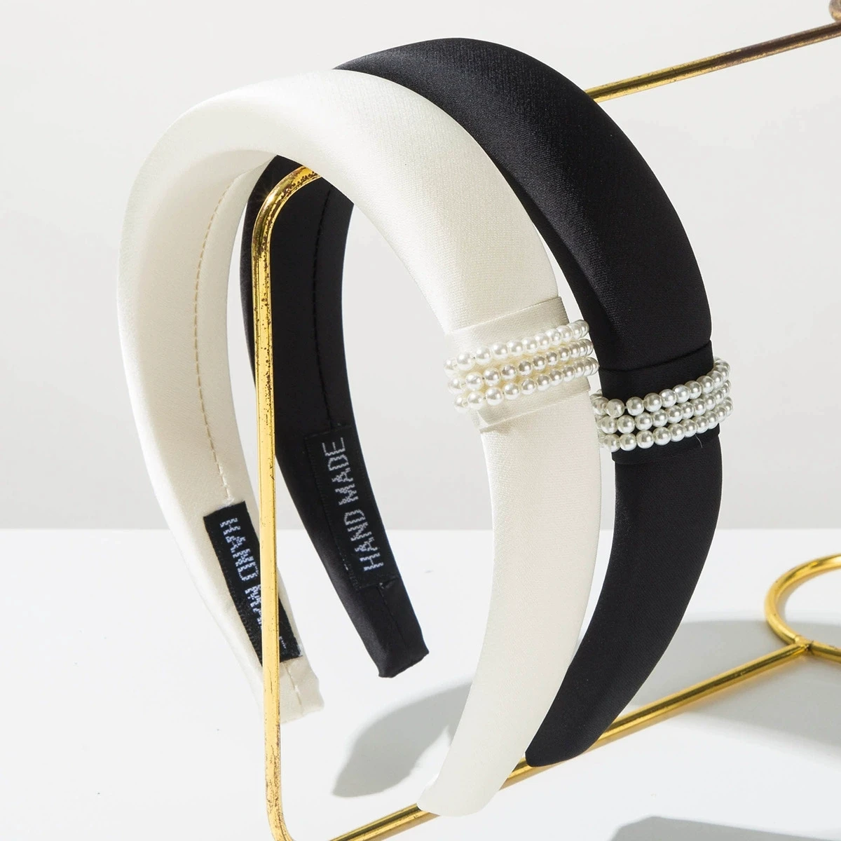 

New Fashion Headband For Women Side Knot Pearls Hairband Autumn Solid Color Black WhiteTurban Casual Hair Accessories