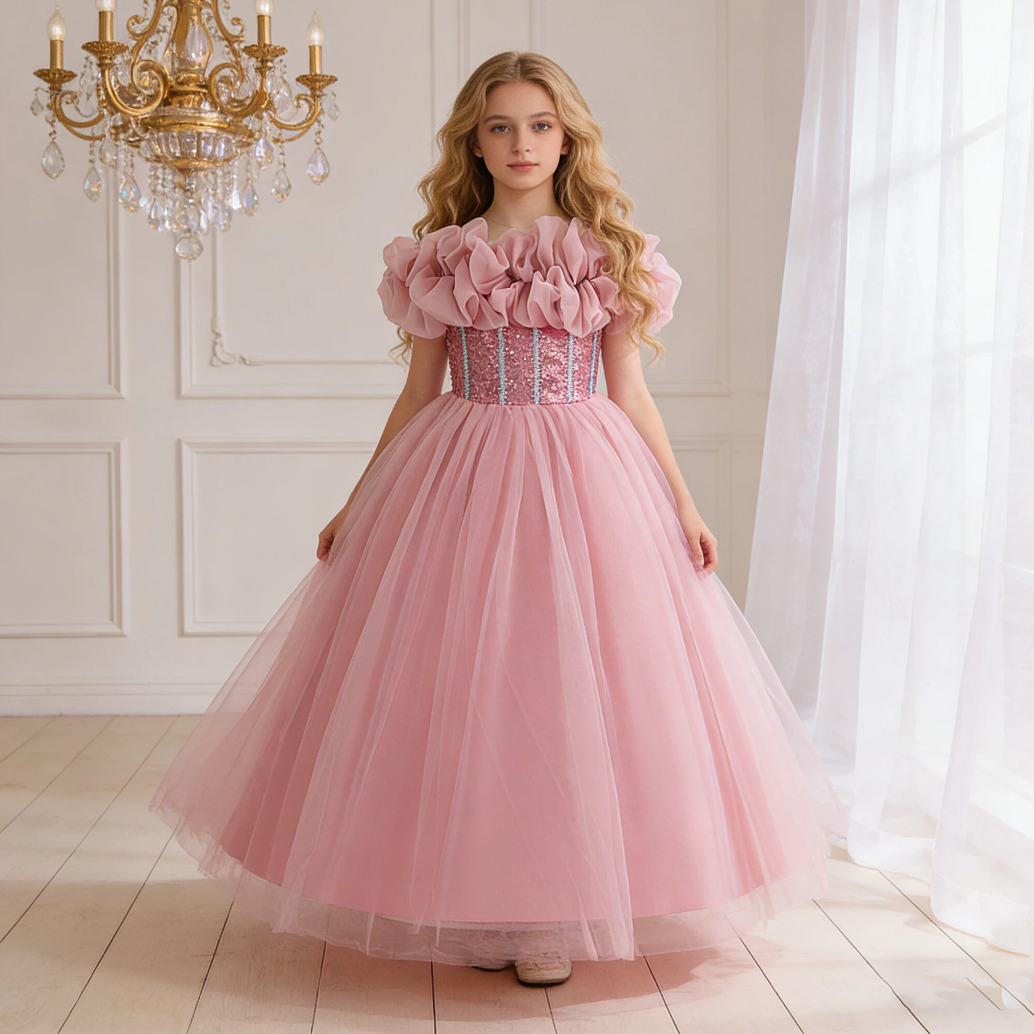 Summer Sequin Bridesmaid Girls Party Dress Elegant Wedding Princess Prom Dresses Girl Birthday Graduation Ceremony Kids Clothing
