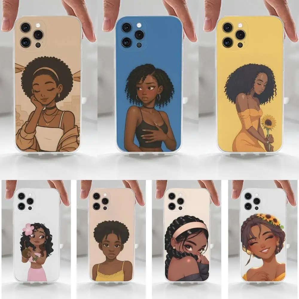 

Afro Black Girls Cartoon Case For iPhone 16,15,14,17,13,12,11 Plus,Pro,Max,XR,XS,X,7,8 Plus,SE,Mini,Transparent,Silicone