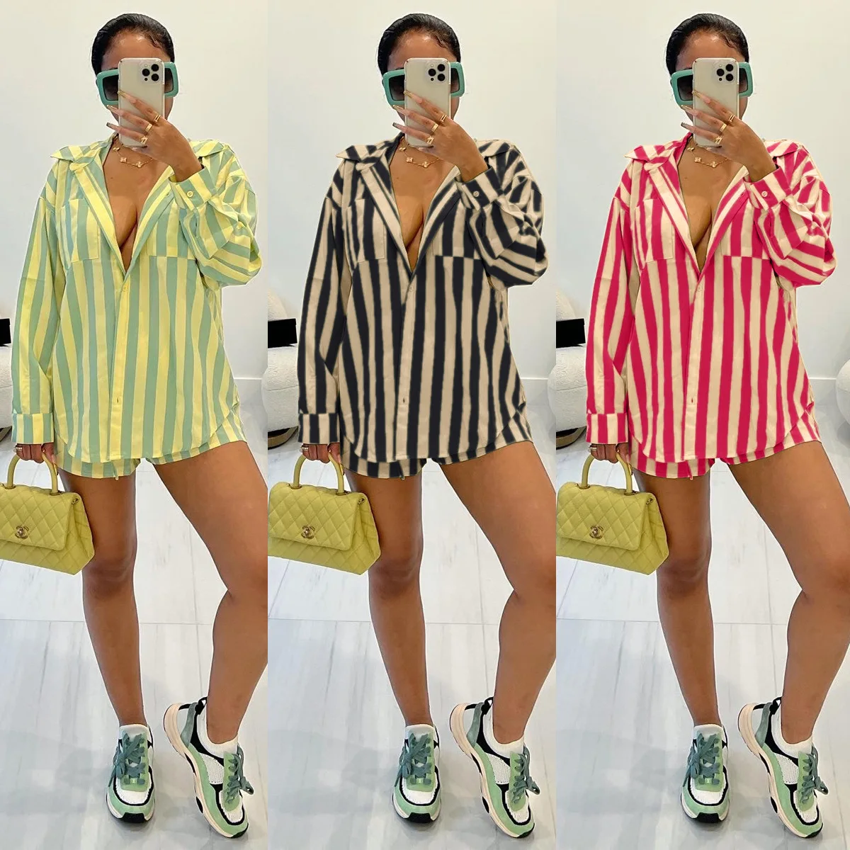 Autumn Fashion Stripe Shirt Loose Two Piece Set for Women two piece set women sexy club