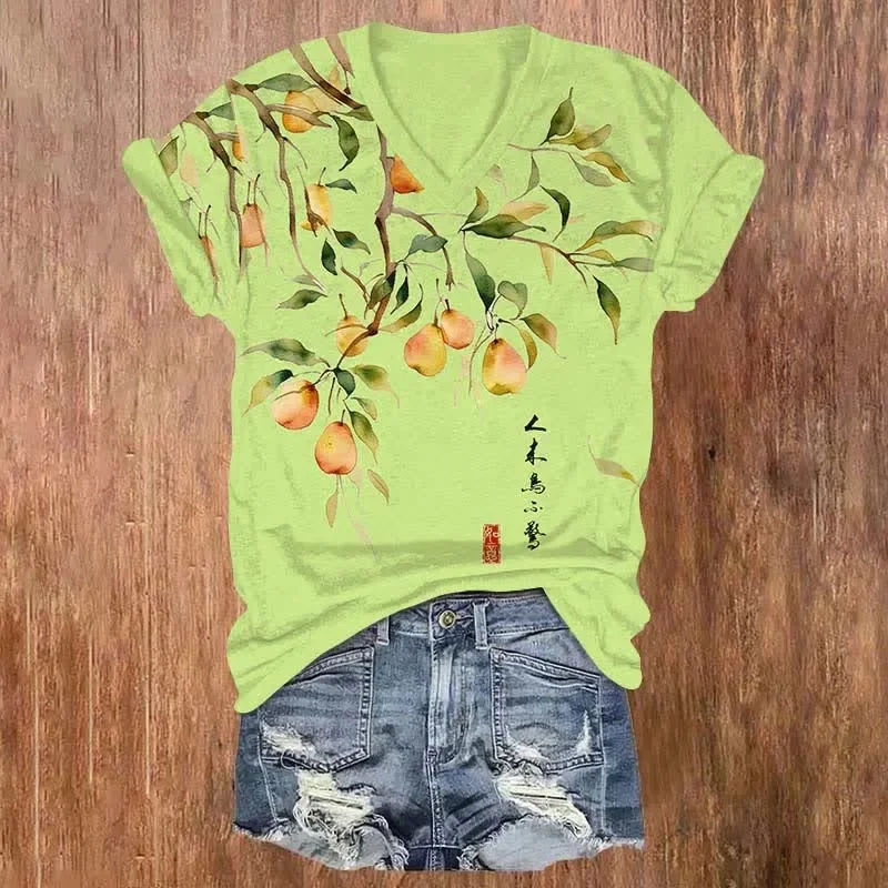 Japanese Vintage Pear Tree Art Print V-neck T-shirt Summer Women's T Shirts