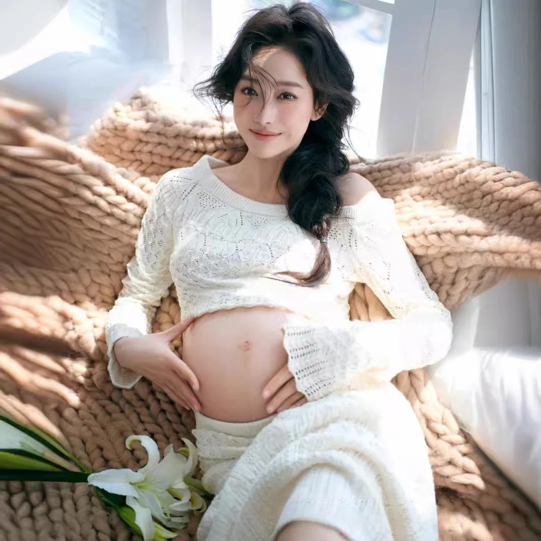 สตรีชุดคลุมท้องสําหรับการถ่ายภาพสีขาวElegantถักหนึ่งไหล่การตั้งครรภ์กระโปรงสําหรับสตูดิโอถ่ายภาพเสื้อผ้า