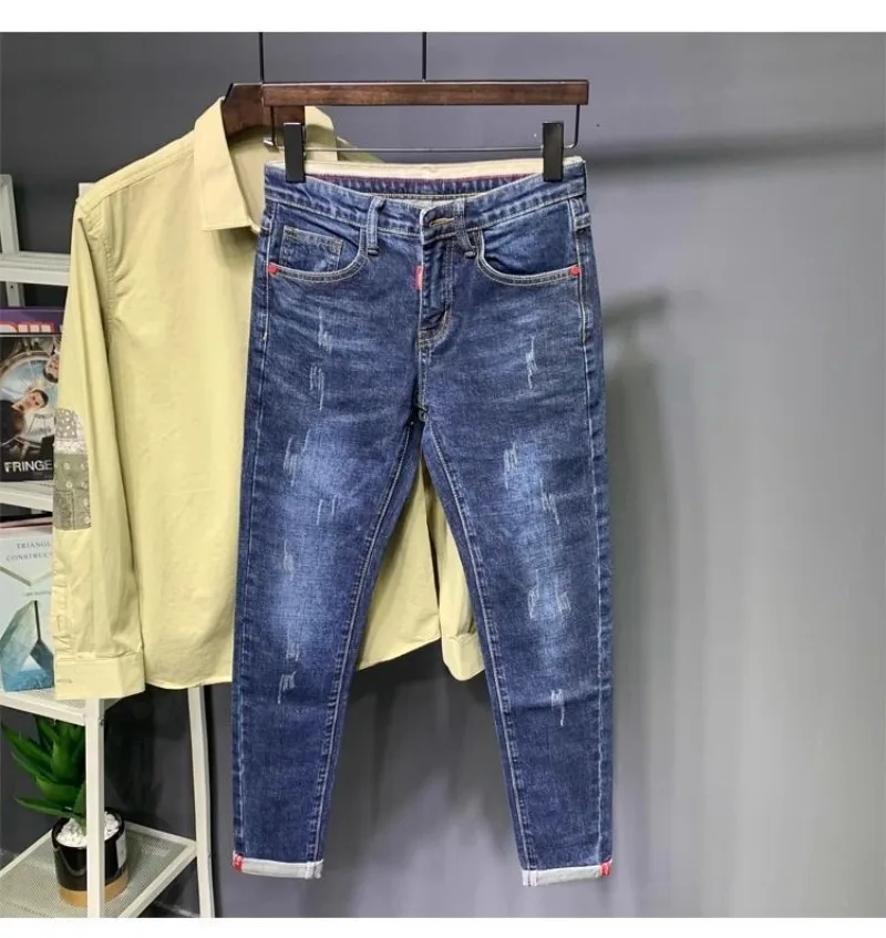 

Роскошные брендовые мужские джинсы, темно-синие джинсы, мужские летние новые корейские трендовые облегающие брюки с кошачьей бородой, старые повседневные брюки в стиле ретро