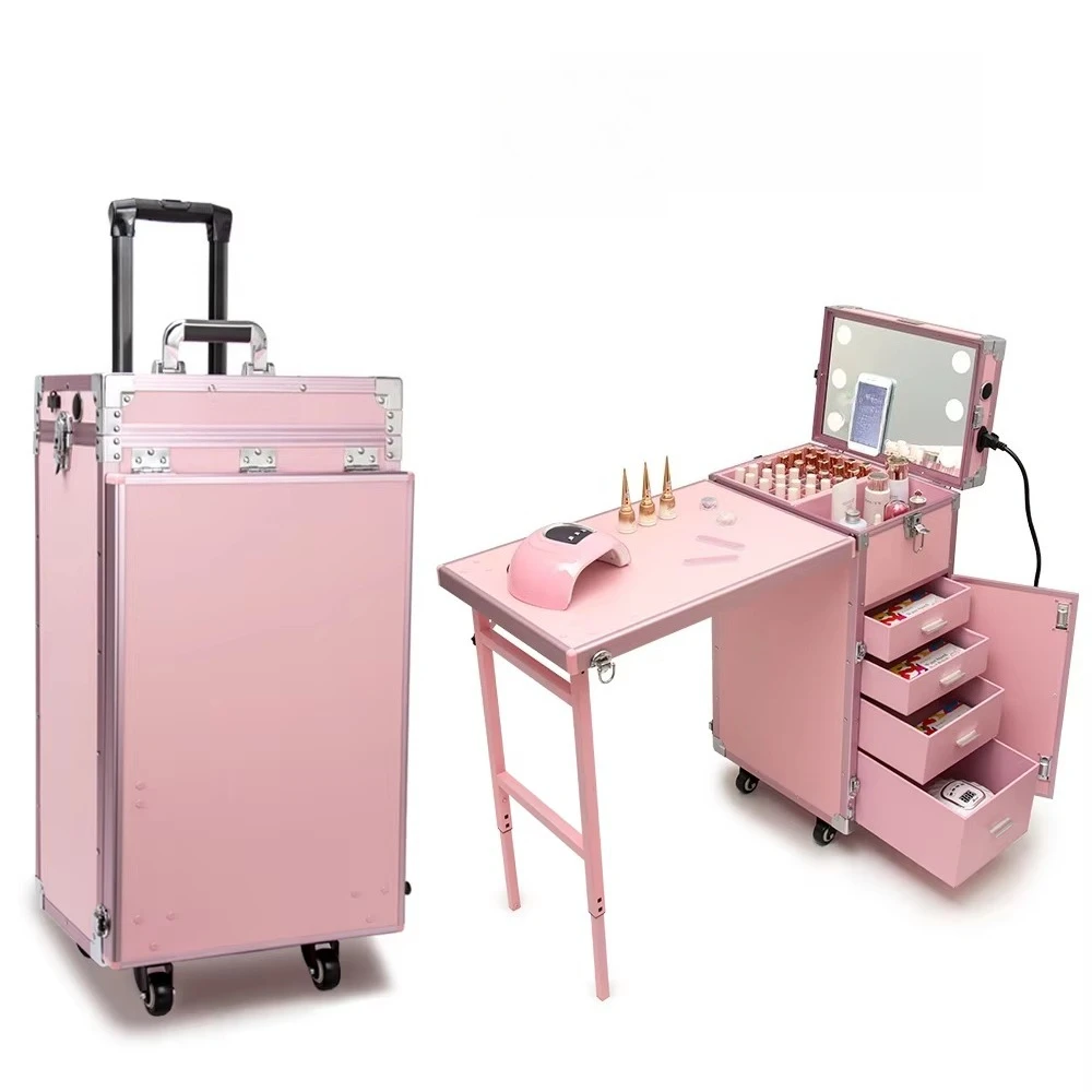 Roller Manicure Table Cosmetic Case Foldable Manicure Table 4 Drawers Beauty Case with Wheels
