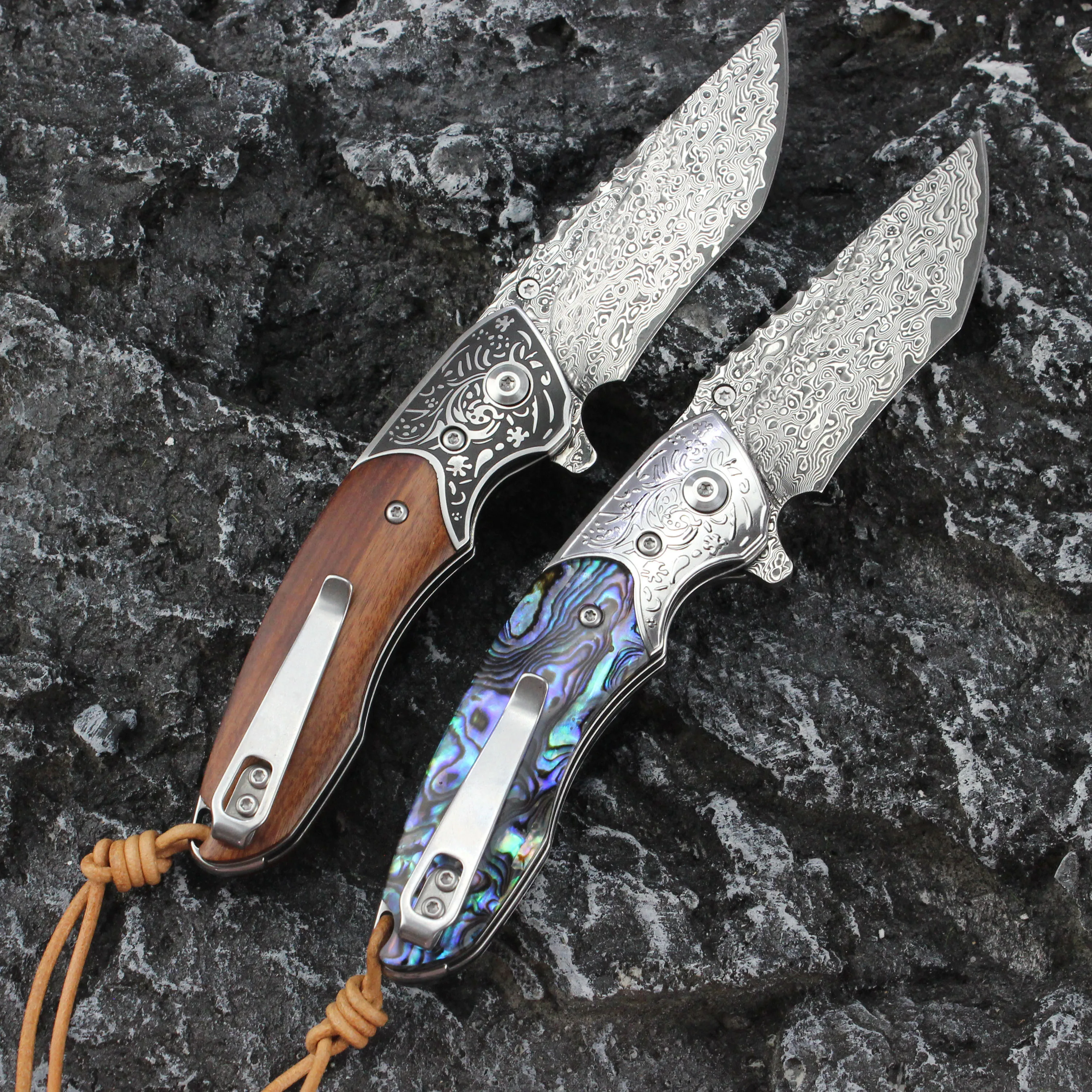 Tunafire VG10 Steel Damascus Knife 60HRC High hardness Folding Knives Wood Handle Bearing Pocket Knife For Camping EDC Tool