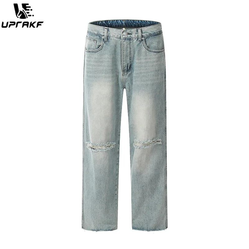 

UPRAKF Straight-leg Ripped Jeans Summer Streetwear Basic Pants Fashion High Street Autumn Casual Denim Blue