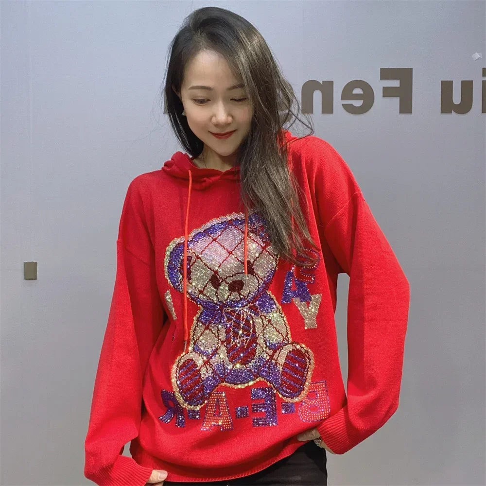 Knitted Hooded Sweater Women\'s Cartoon Hoodies 2024 Autumn and Winter New Fashion Loose Pullover Black Hot Diamond Top