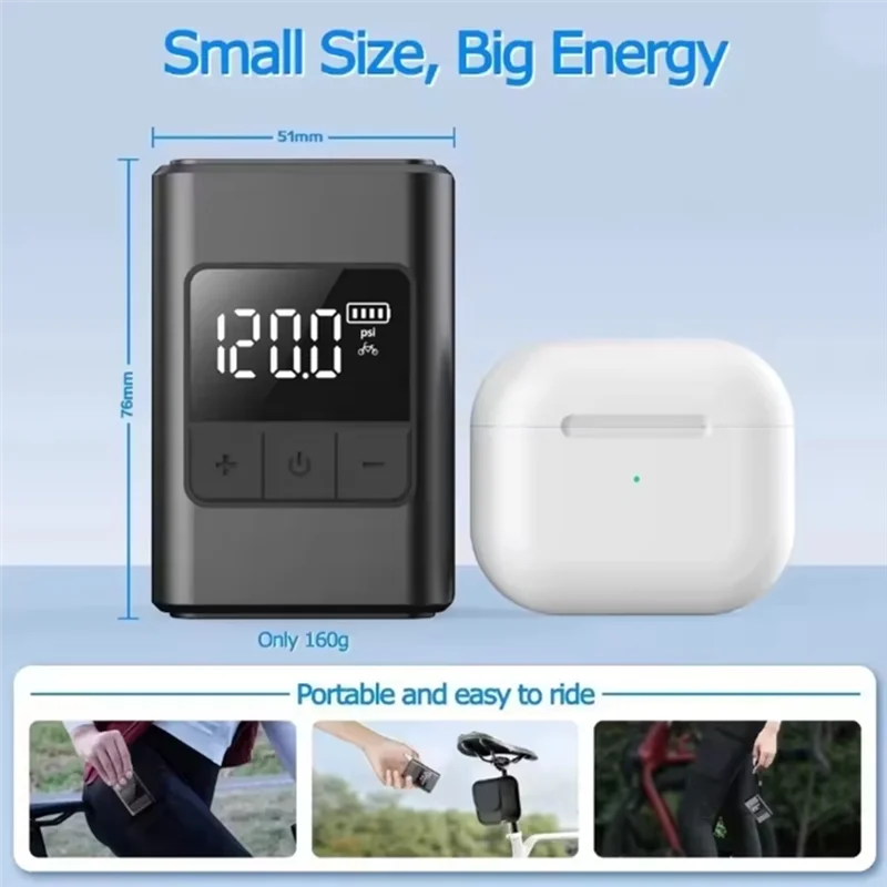AT05-مضخة دراجة كهربائية صغيرة محمولة 120PSI 1300Mah دراجة كهربائية مضخة هواء USB-C قابلة للشحن منفاخ الضغط العالي