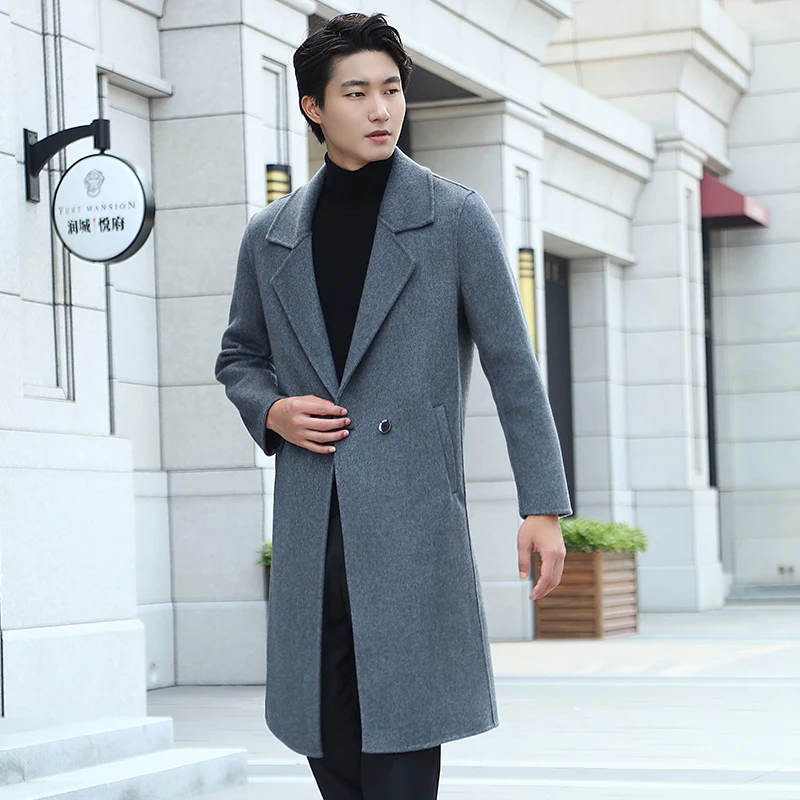 High End Long Men\'s 100% Pure Wool Suit, Woolen Cardigan Jacket, Autumn/ Winter New Woolen Business Double-sided Cashmere coat