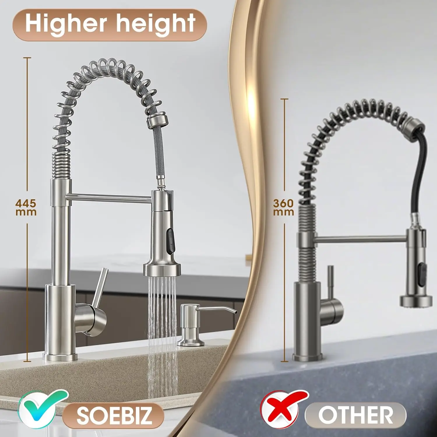 Kitchen Faucet with Pull Down Sprayer Brushed Nickel Stainless Steel Single Handle 1 or 3 Hole Dual Function Spring Utility Sink