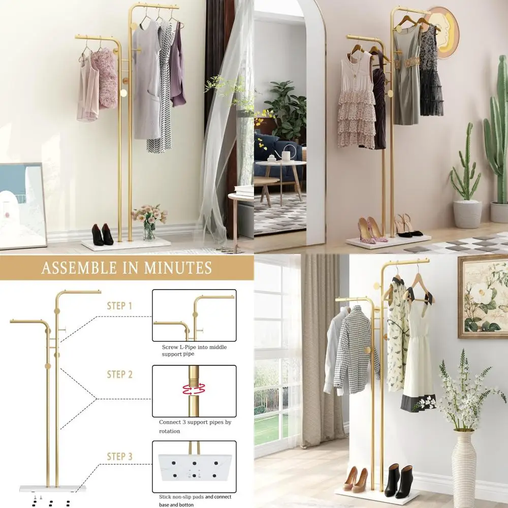 

Freestanding Modern Gold Coat Rack with 5 Hooks and Marble Base, Elegant Clothing Holder for Home