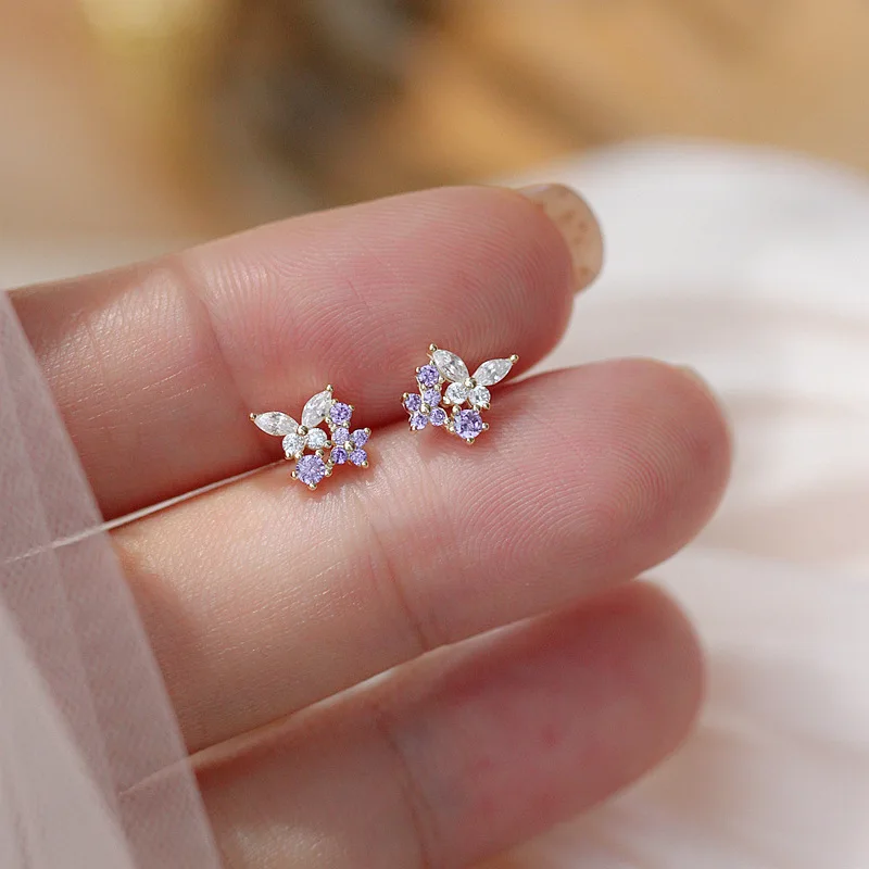 Pendientes de mariposa de circonita brillante con aguja de plata 925, accesorios de joyería para estudiantes, pendientes de botón de cristal Simple