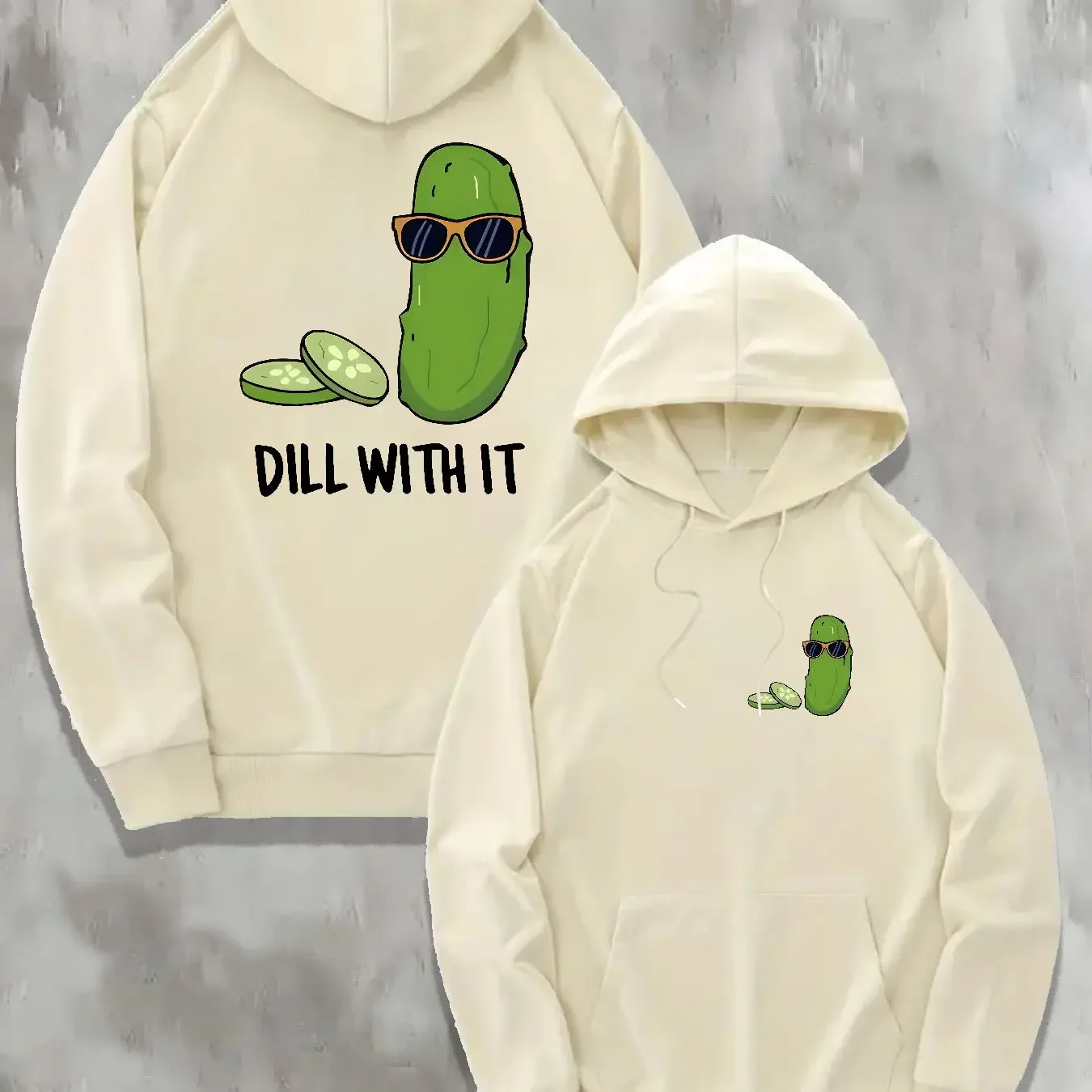 Nueva sudadera con capucha con estampado de diente de león y kimchi, estilo casual unisex, corte regular con detalles de bolsillos, adecuada para primavera y otoño.