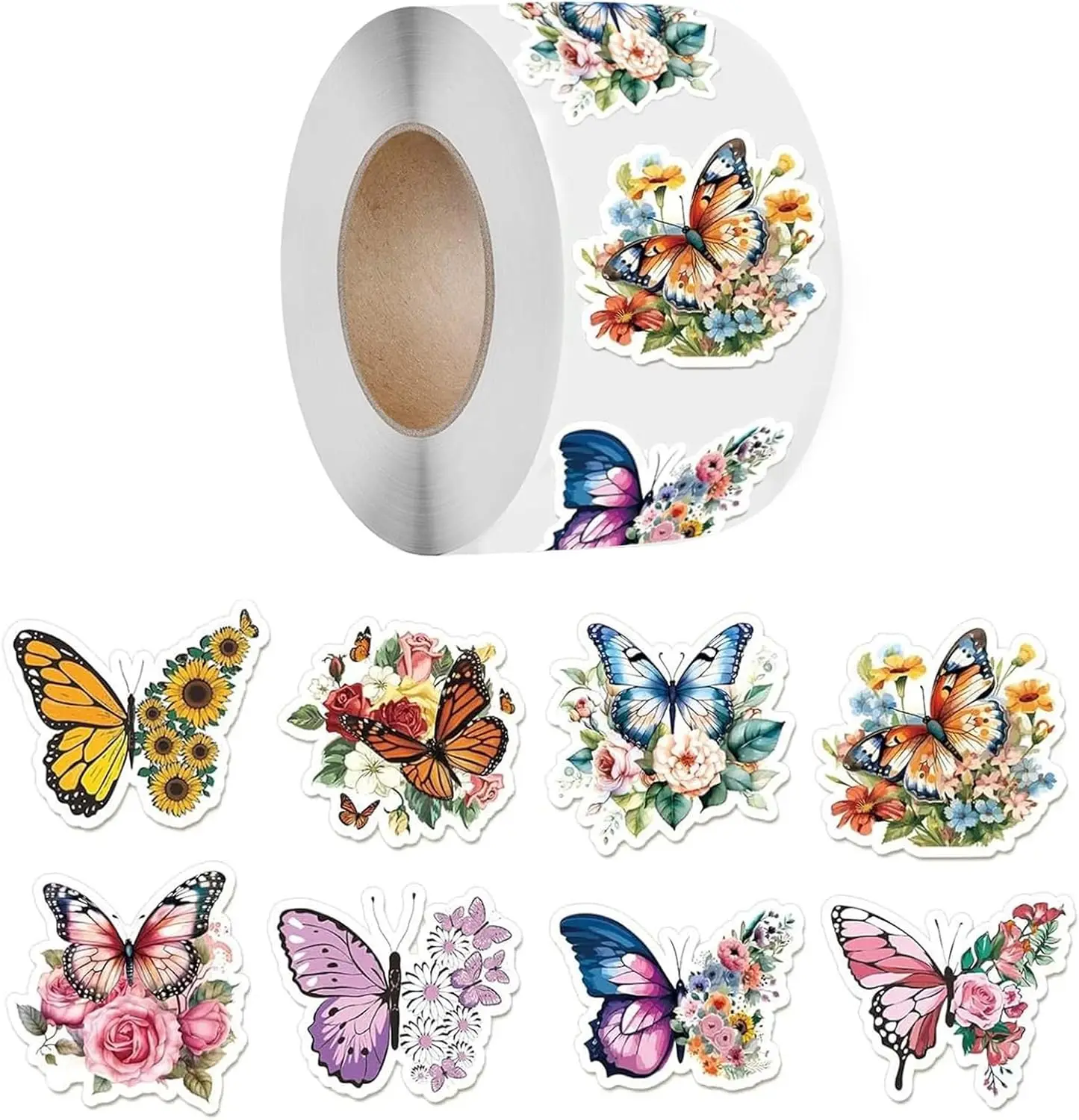 

500 Sheets Butterfly Flowers Stickers Roll Fun Summer Colorful Round Seal Labels 1.25 Inch Cute Self-Adhesive Gift For Scrapbook