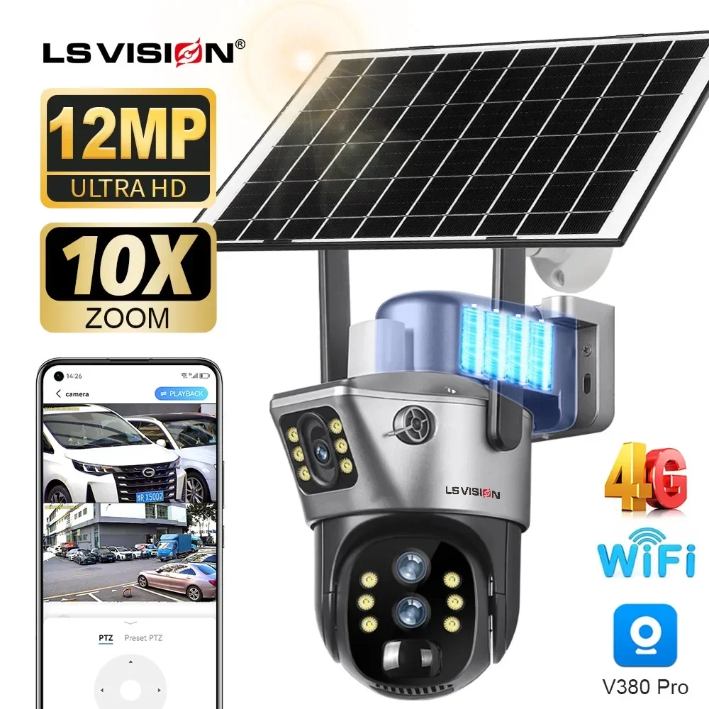 LS VISION 12MP 10X Zoom Dual Screen Solar Camera Outdoor 6K 4G/WiFi Three Lens Human Auto Tracking Security Cameras V380 Pro App