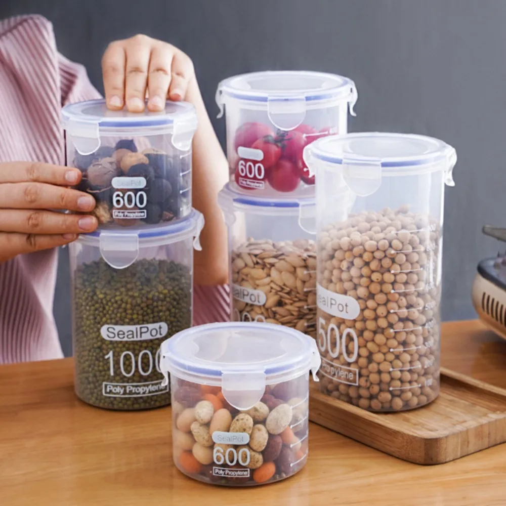 PP Transparent Food Sealed Jars Cylindrical Moisture Proof Kitchen Storage Boxes Airtight Leakproof Plastic Food Airtight Jar