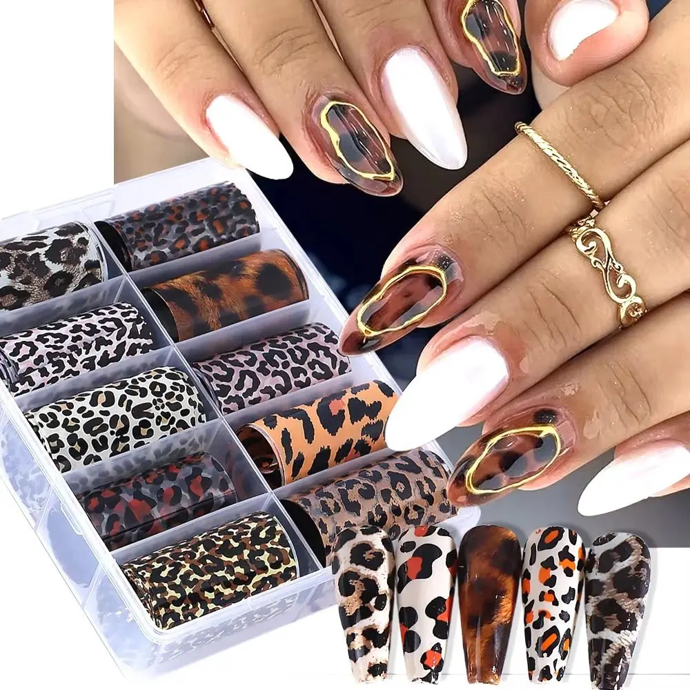 Feuilles autocollantes pour ongles, imprimé léopard, 4x100cm, DIY bricolage, motif Animal, papier de transfert pour Nail Art, 10 pièces/boîte