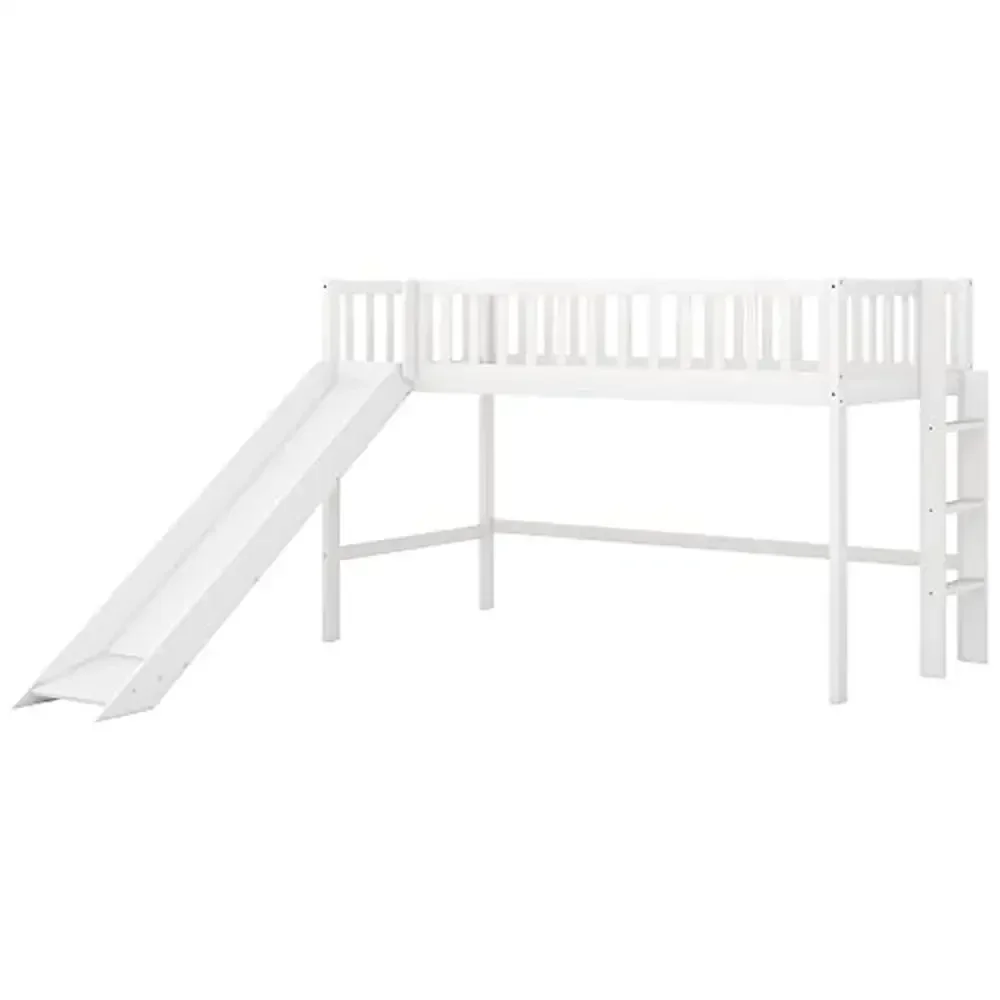 Twin Loft Bed with Slide & Ladder Safety Rails Solid Pine Wood Frame Fun Slide Bedframe Kids Modern Space-Saving Design 220lbs