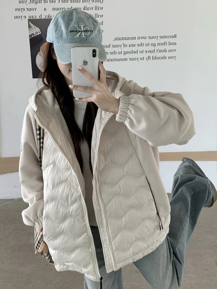 

Lightweight Short Padded Jacket with Patchwork Sleeves Loose Fit Hooded Cotton Coat Trendy Autumn Winter New Arrival for Stud...