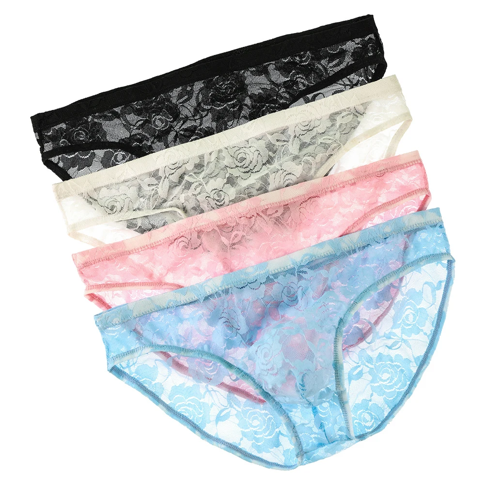 

Sleep Bottoms Mens Sexy Lingerie Flower Lace Erotic Underwear Gay Sissy Pouch Briefs Transparent Panties Man Low Rise Underpants