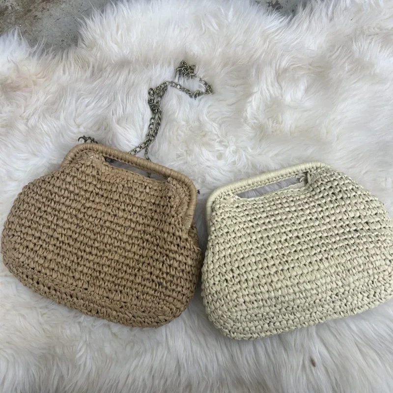 for Niche Versatile Handbag Clip Bag Long Chain Messenger Women's Bag Hand Bag Straw Paper Crocheted Bag