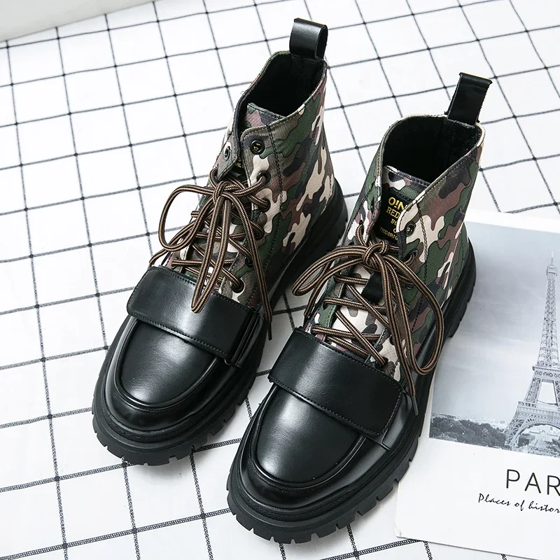 Men Ankle Boots PU Colorblocking Classic Fashion Casual Street Retro Camouflage Canvas Lace Up Men Shoes