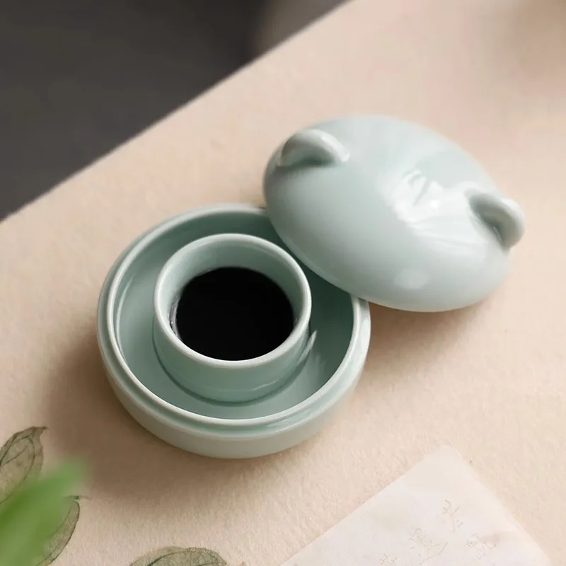 Animal Shape Multi-Function Ceramic Ink Stone Dish with Lid Calligraphy Ink Plate for Brush Pen, Anti-Dry Moisturizing Inkwell