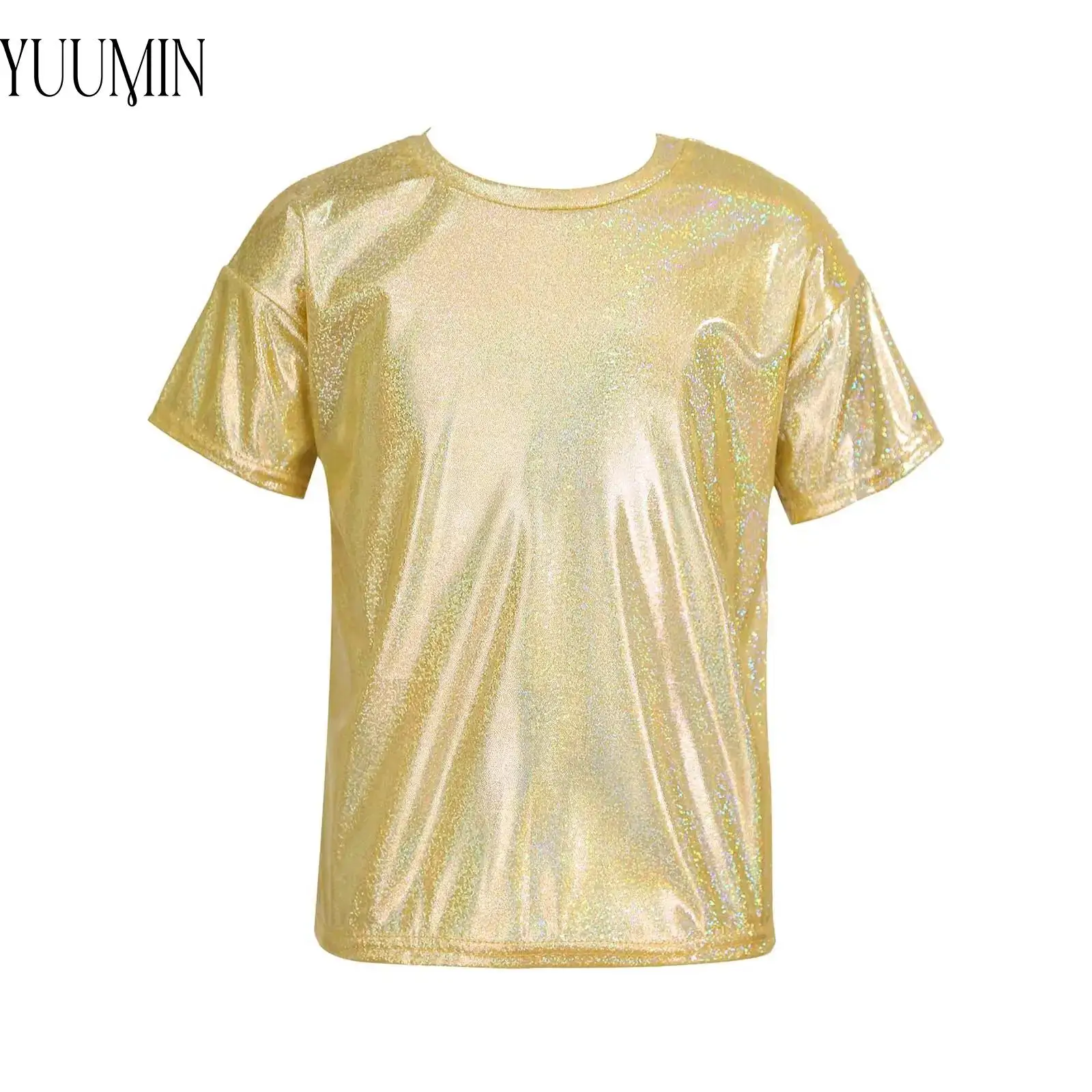 

Kids Boys Girls Shiny Jazz Hip Hop Dance Top Glitter Metallic T-shirt Sparkly Dance Wear for Christmas Party Competition Clothes