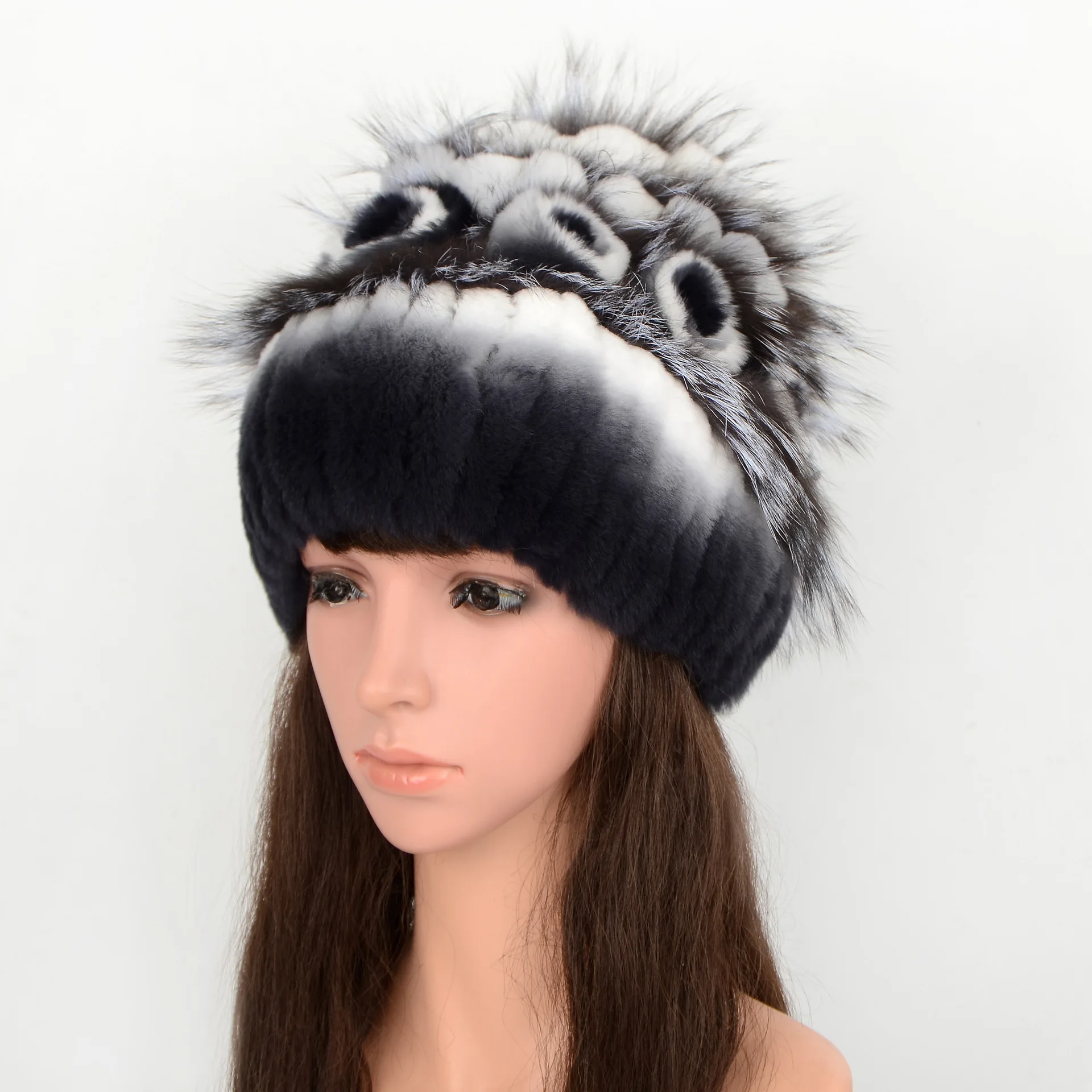 

Natural Rex Rabbit Fur Women's Beanie Hat-Autumn Winter Warm Thick Hand Knitted Adjustable Travel Casual Custom Common Factory