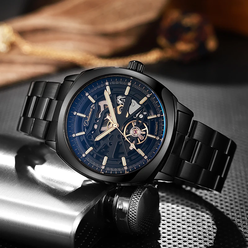 ﻿   Jam Tangan Tourbillon Desain Fashion Dulunwe untuk Pria, Mewah, Baja Anti Karat, Tahan Air, Otomatis Mekanik