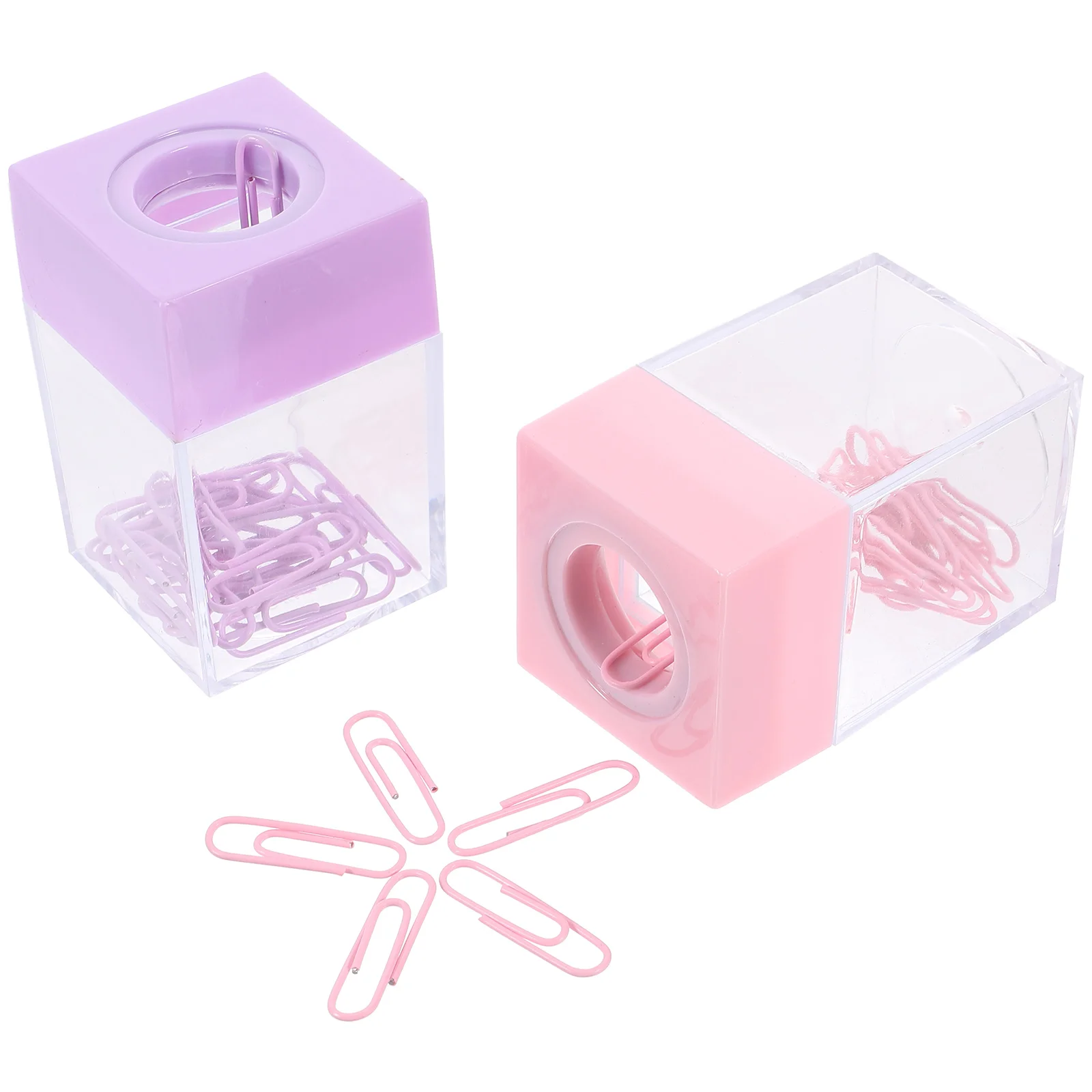 

2pcs Magnetic Clip Holder Pink Purple Square Transparent Storage Box Office Supplies Paper Clip Holder Dispenser