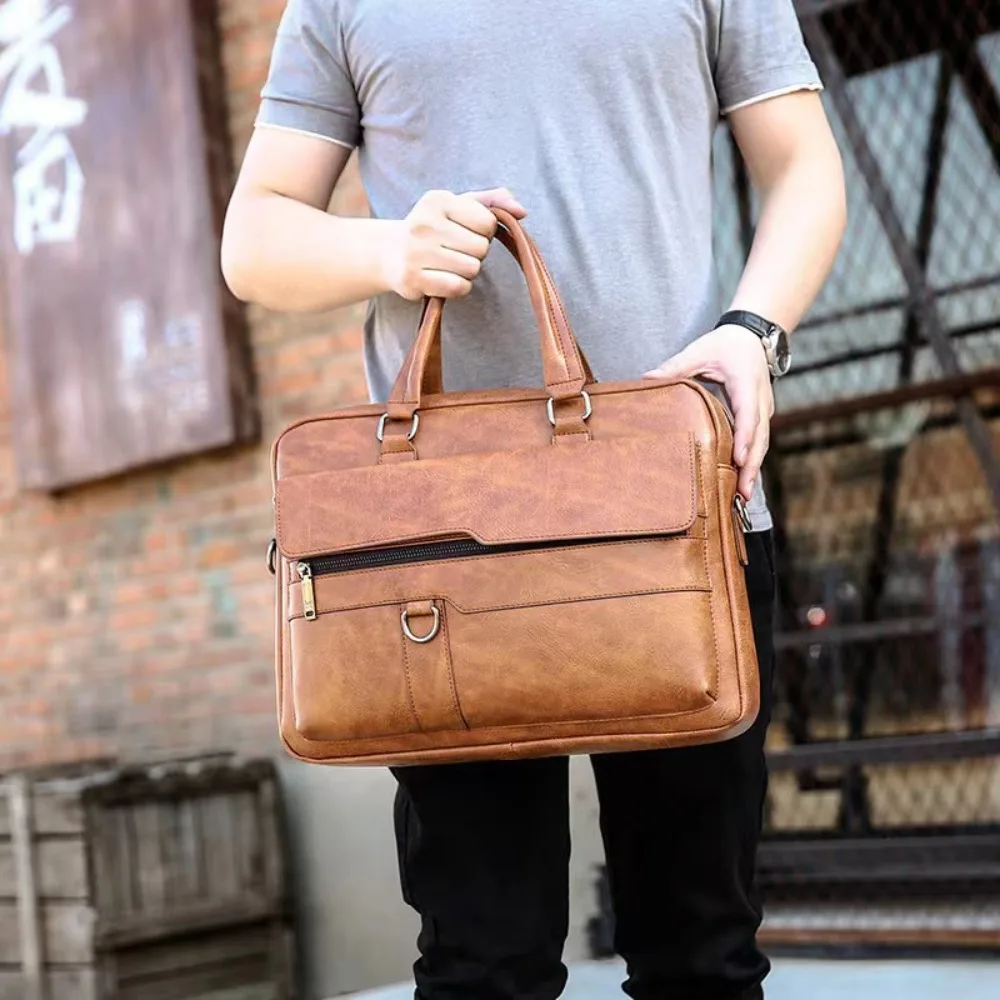 Retro Briefcase Bag For Men Business Shoulder Bag Crossbody Bag PU Leather Messenger Bag Man Office Handbag Laptop Bag Male Tote