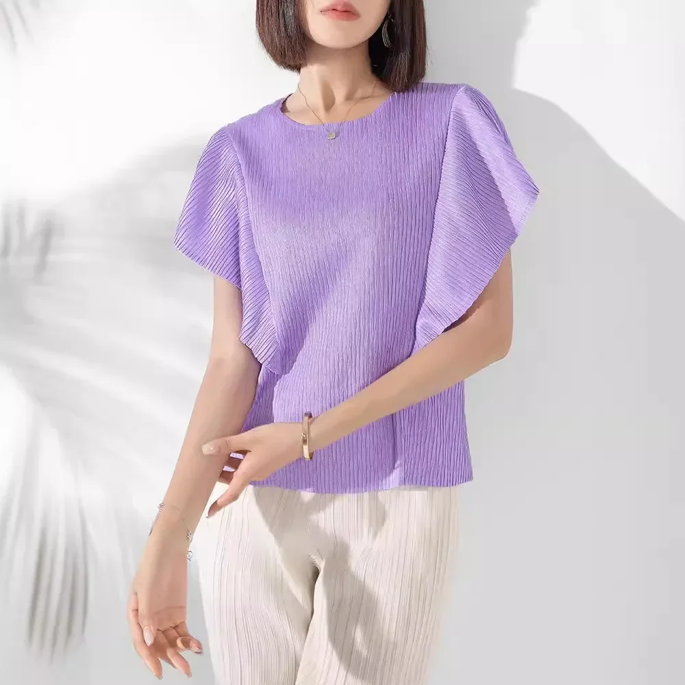 

Miyake Pleated 2024 Summer New Commuter Large Size T-shirt Women's Round Neck Bat Short-sleeved Loose Solid Color Versatile Top